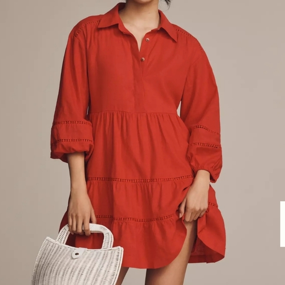 The Bettina Linen Blend Tiered Mini Shirt Dress By Maeve - Picture 3 of 12